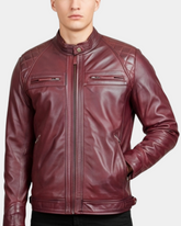 Mens Biker Leather Jacket Standing Collar Infinite Burgundy